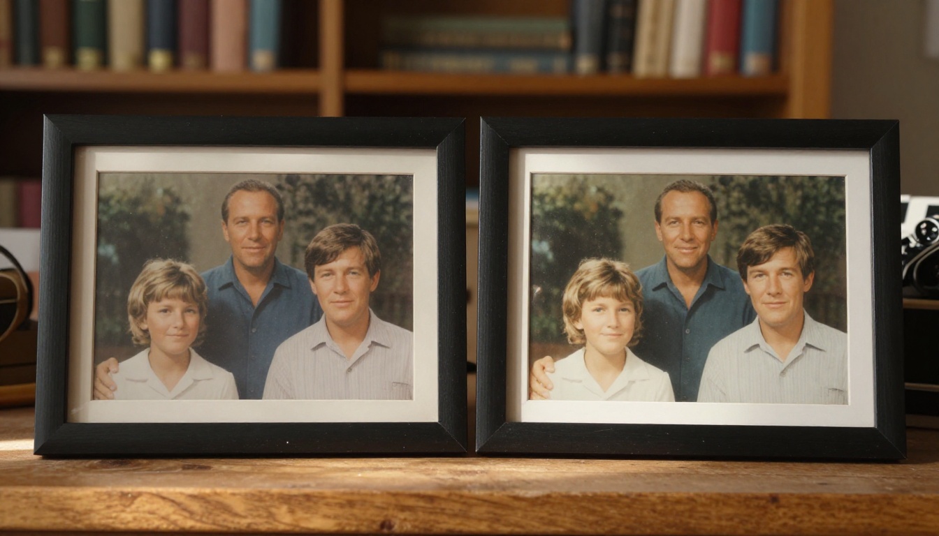 Two framed photographs side by side showing blurry original and restored crisp version of 1960s family portrait