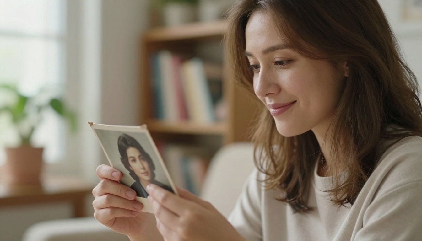 Woman in her 30s holding a restored portrait photograph with soft natural window light