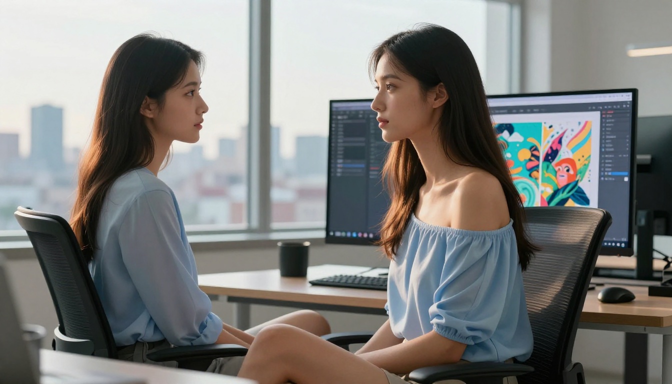 Side profile of a woman at an ultrawide monitor in a bright modern studio