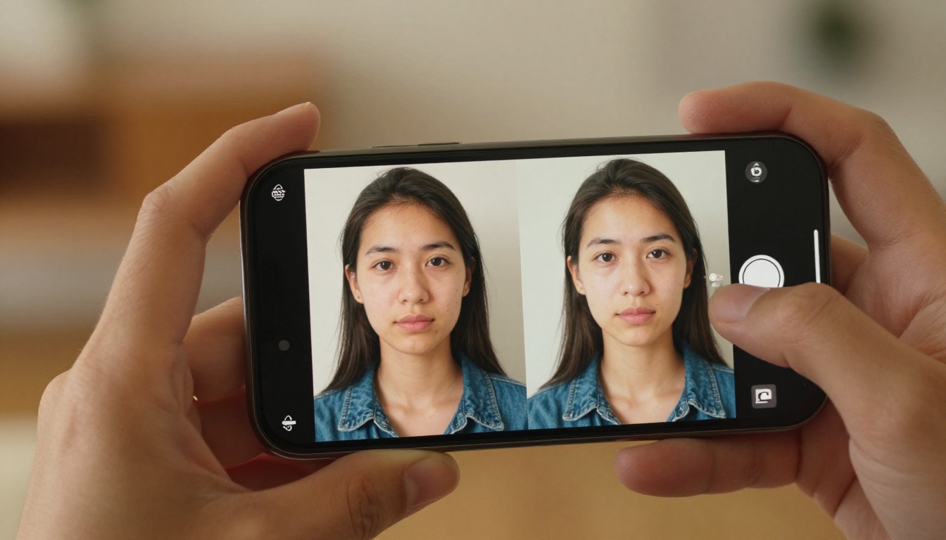 Hands holding smartphone with split-screen photo comparison showing grainy original and restored version