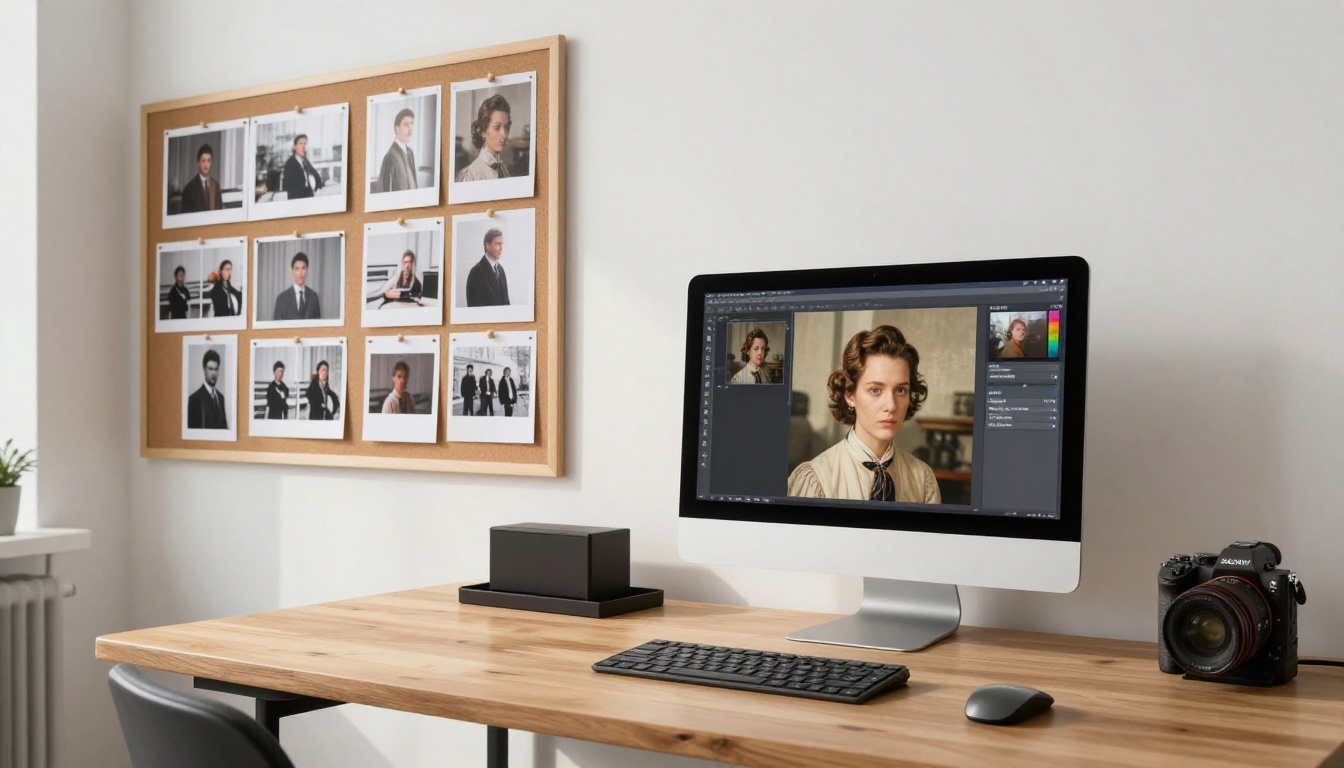 Minimalist photography studio with iMac displaying a high-resolution restored vintage portrait and before-after comparisons on cork board