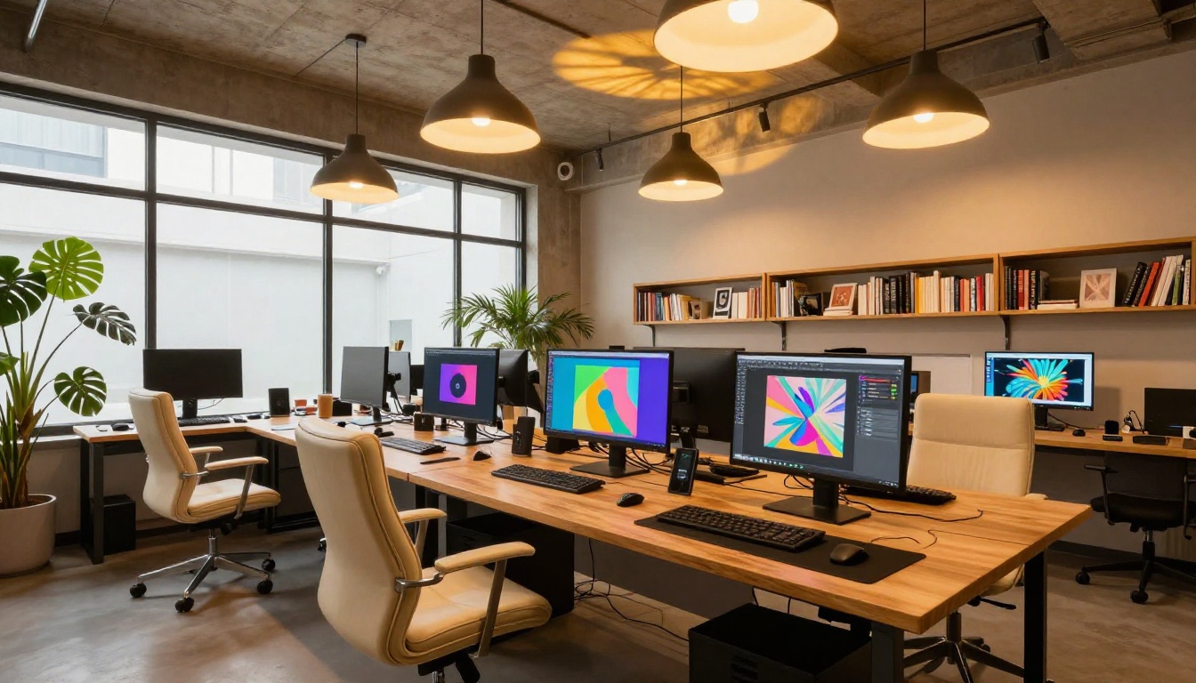 Wide shot of a modern creative studio interior with multiple monitors showing colorful artwork