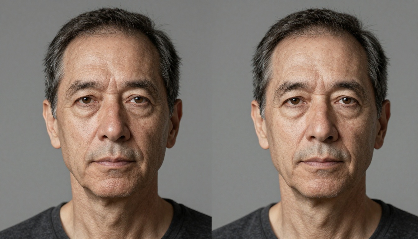 Split-frame portrait comparison showing grainy low-quality face on left and AI-restored sharp face on right