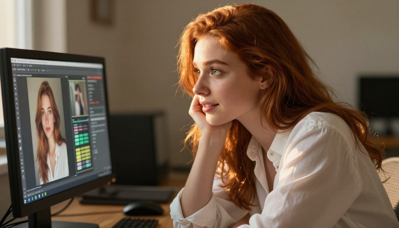 A woman with auburn hair looking at high-resolution artwork on her monitor with clear satisfaction