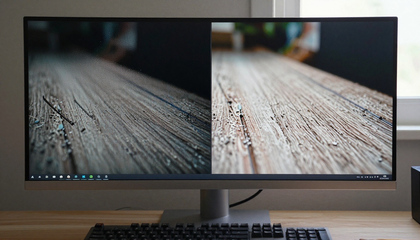 Blurry screenshot vs crisp AI-upscaled version on a monitor screen