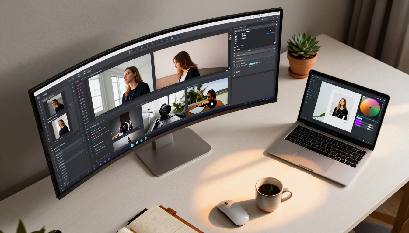 Aerial view of a creative design workspace with dual monitors
