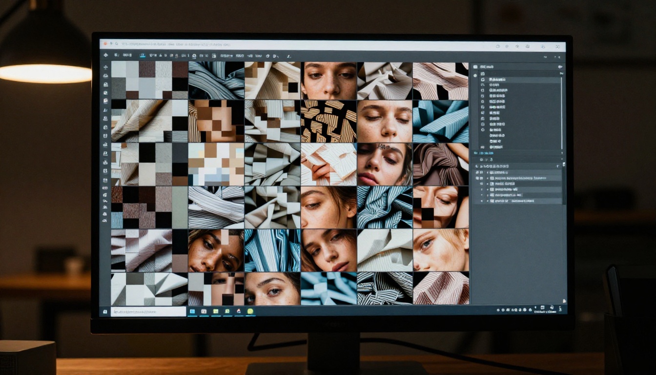 AI pixel processing visualization on a tech workspace monitor
