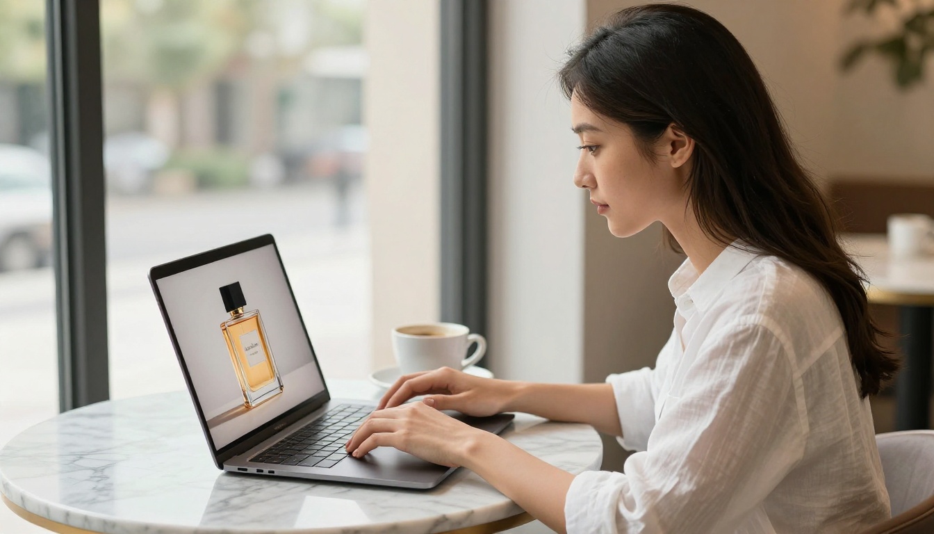 Woman reviewing crisp AI-upscaled product image on laptop at a cafe