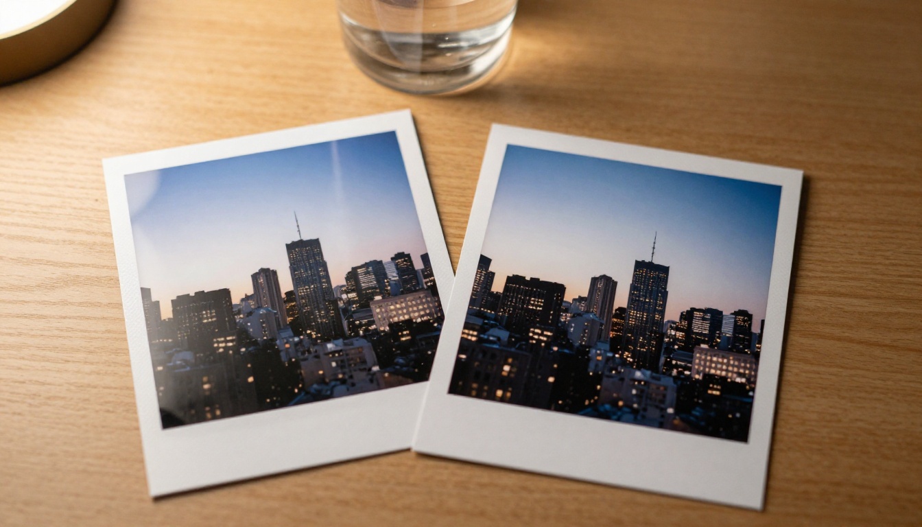 Two printed photographs side by side showing blurry vs sharp comparison on a wooden table