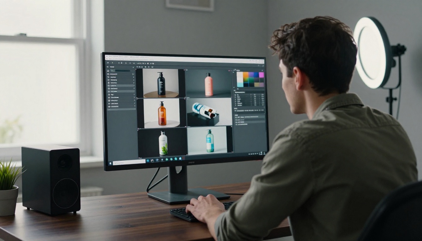 Content creator reviewing product screenshots on a large monitor