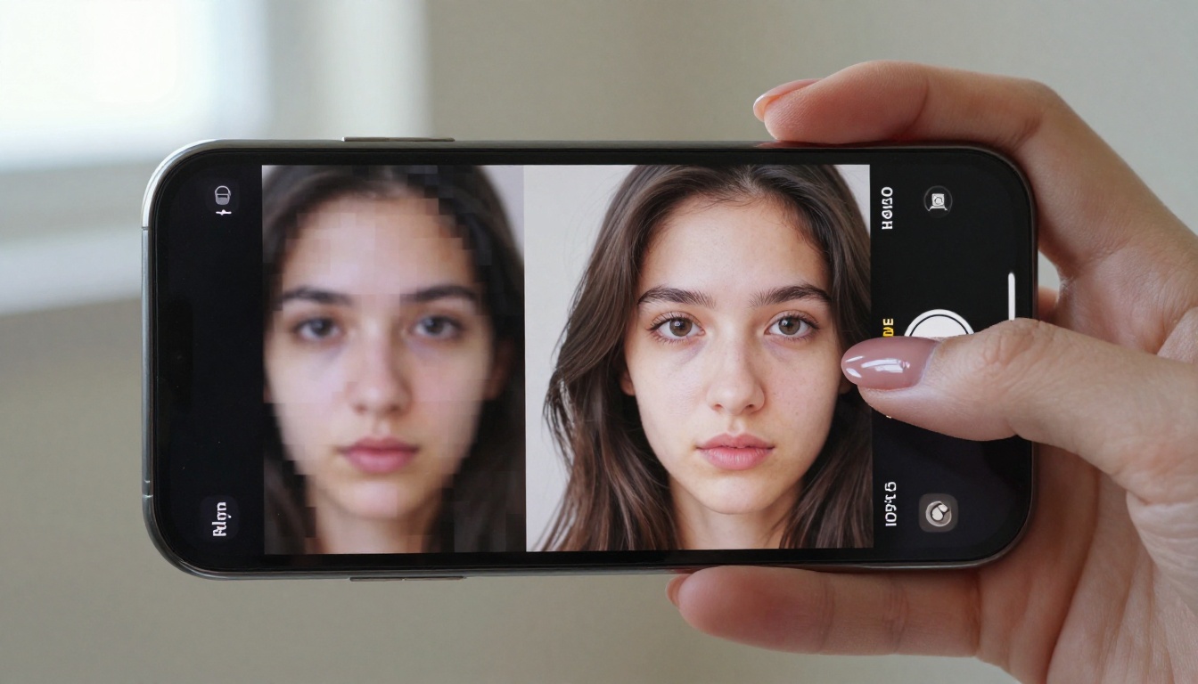Smartphone showing before-and-after AI upscaling comparison on screen