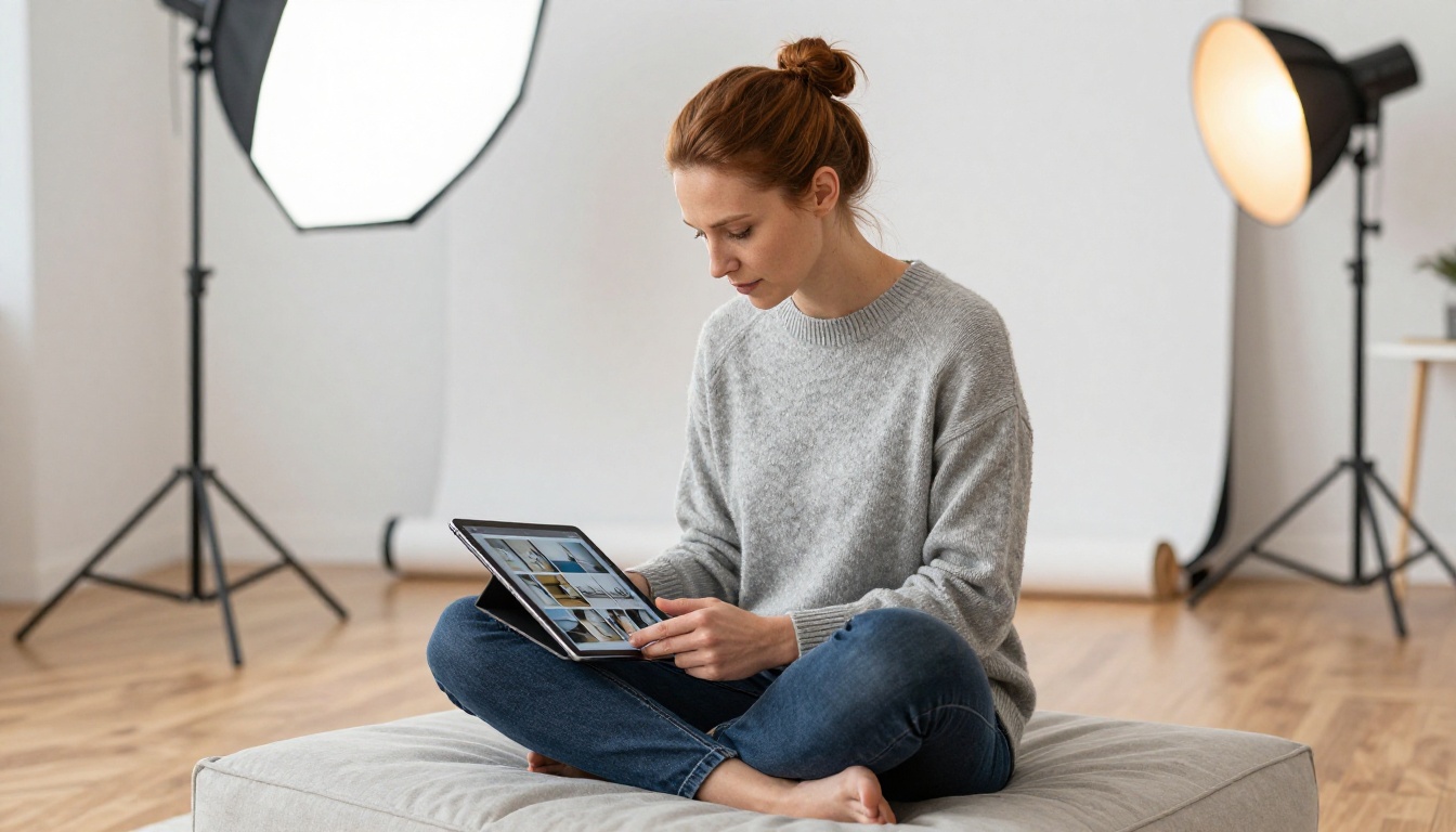 Professional photographer reviewing high-res portfolio on iPad in a studio
