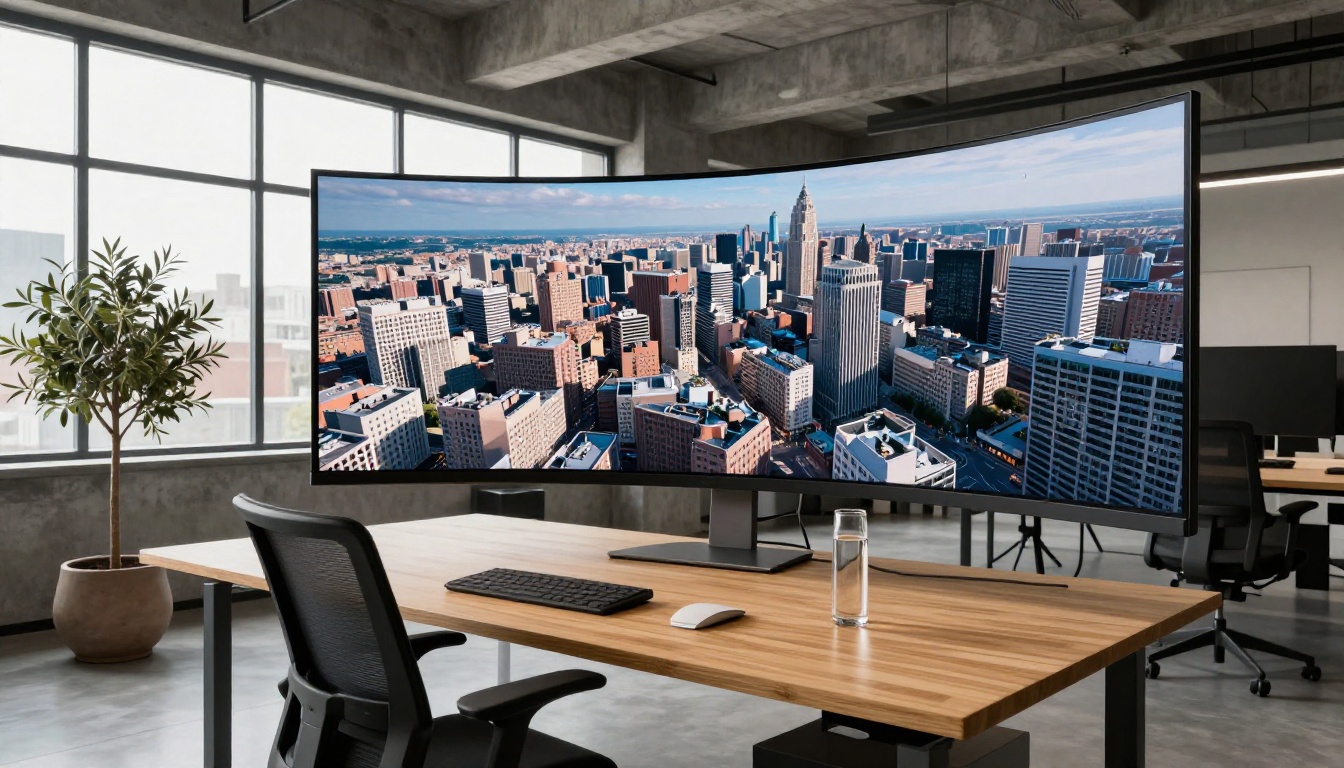 Wide view of a modern creative workspace with large monitor showing crisp cityscape