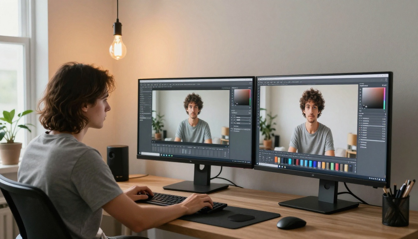 Designer comparing before and after on dual monitors