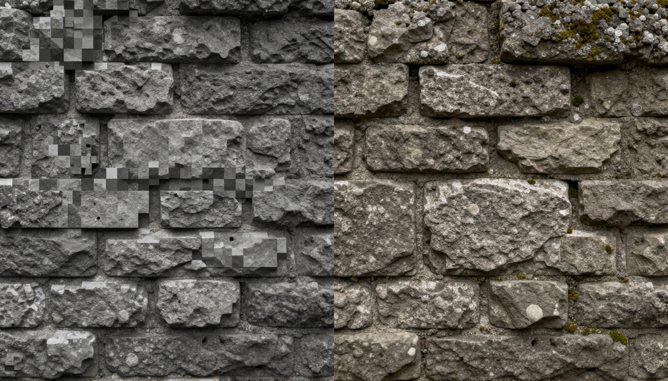 Stone wall texture comparison: pixelated low-res vs AI-upscaled 4K detail with mortar grooves visible