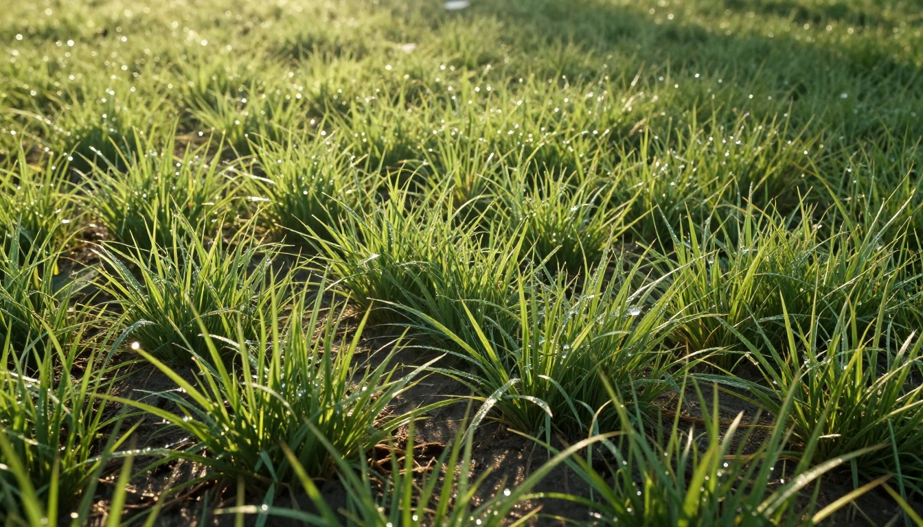 AI-upscaled grass terrain texture showing individual blade separation and morning dew droplet detail