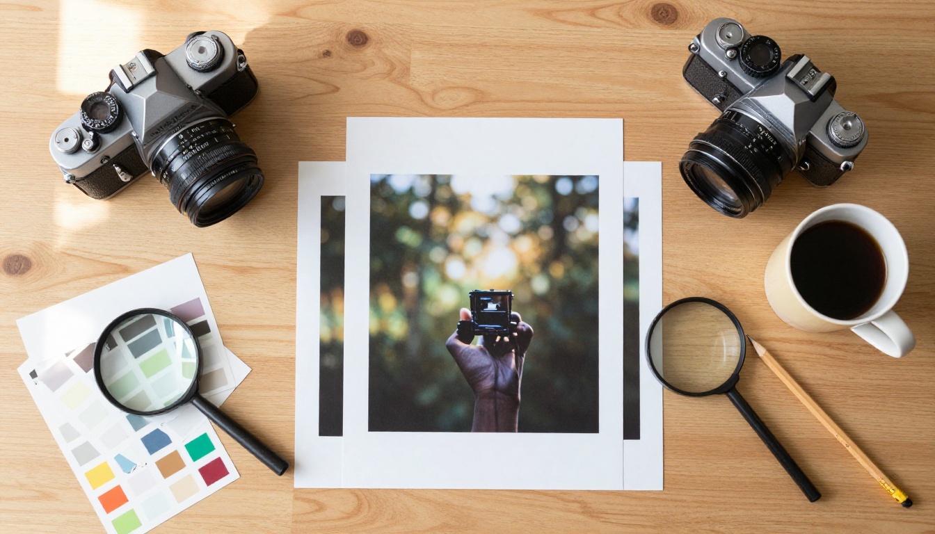 Photographer's workspace with prints and camera equipment