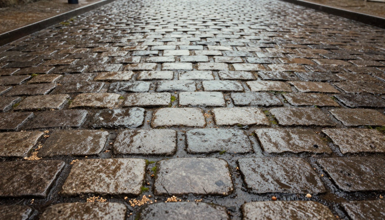 Wet cobblestone road texture with photorealistic mortar gaps, moss-filled joints, and ambient sky reflections