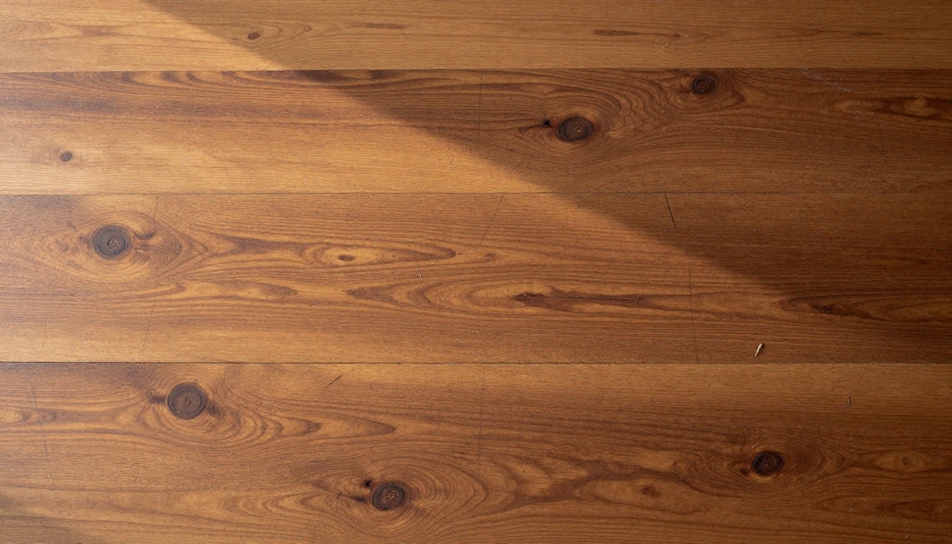 Wood plank floor texture with annual ring grain, knot holes with resin residue, and raking morning window light