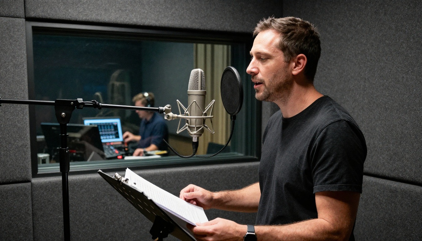 Voice actor recording in acoustic booth