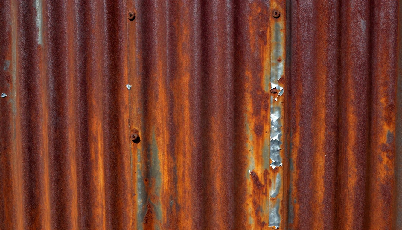 Rusted corrugated metal wall panel with photorealistic oxidation gradients, flaking olive paint, and industrial lighting
