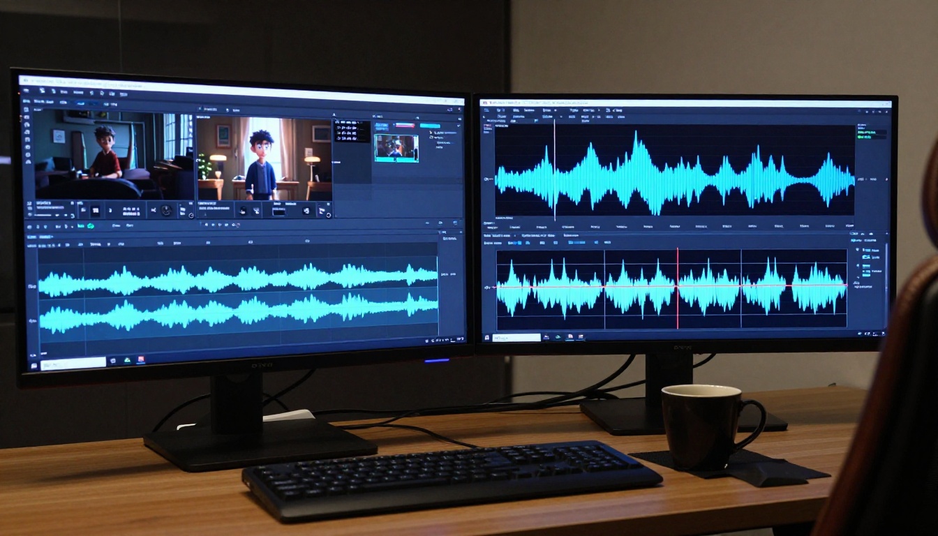 Post-production editing suite with audio waveform on dual monitors