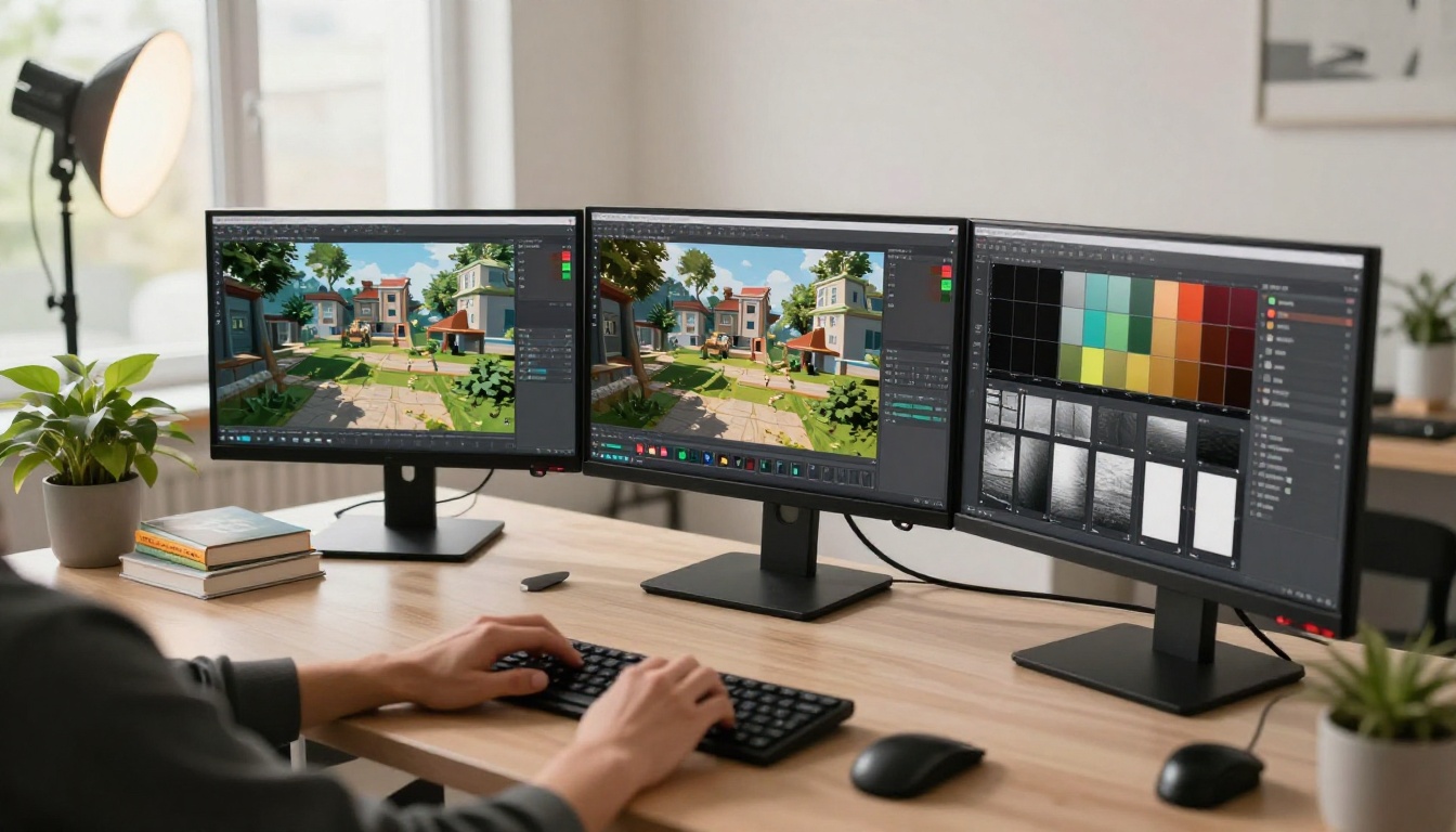 Game art studio with three monitors showing high-res textured 3D environments and material atlas sheets open Game art studio with three monitors showing high-res textured 3D environments and material atlas sheets open