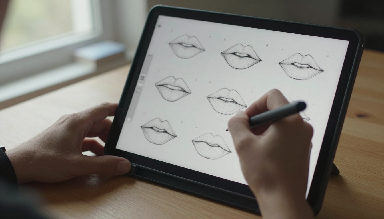 Animator's hands sketching lip shapes on drawing tablet