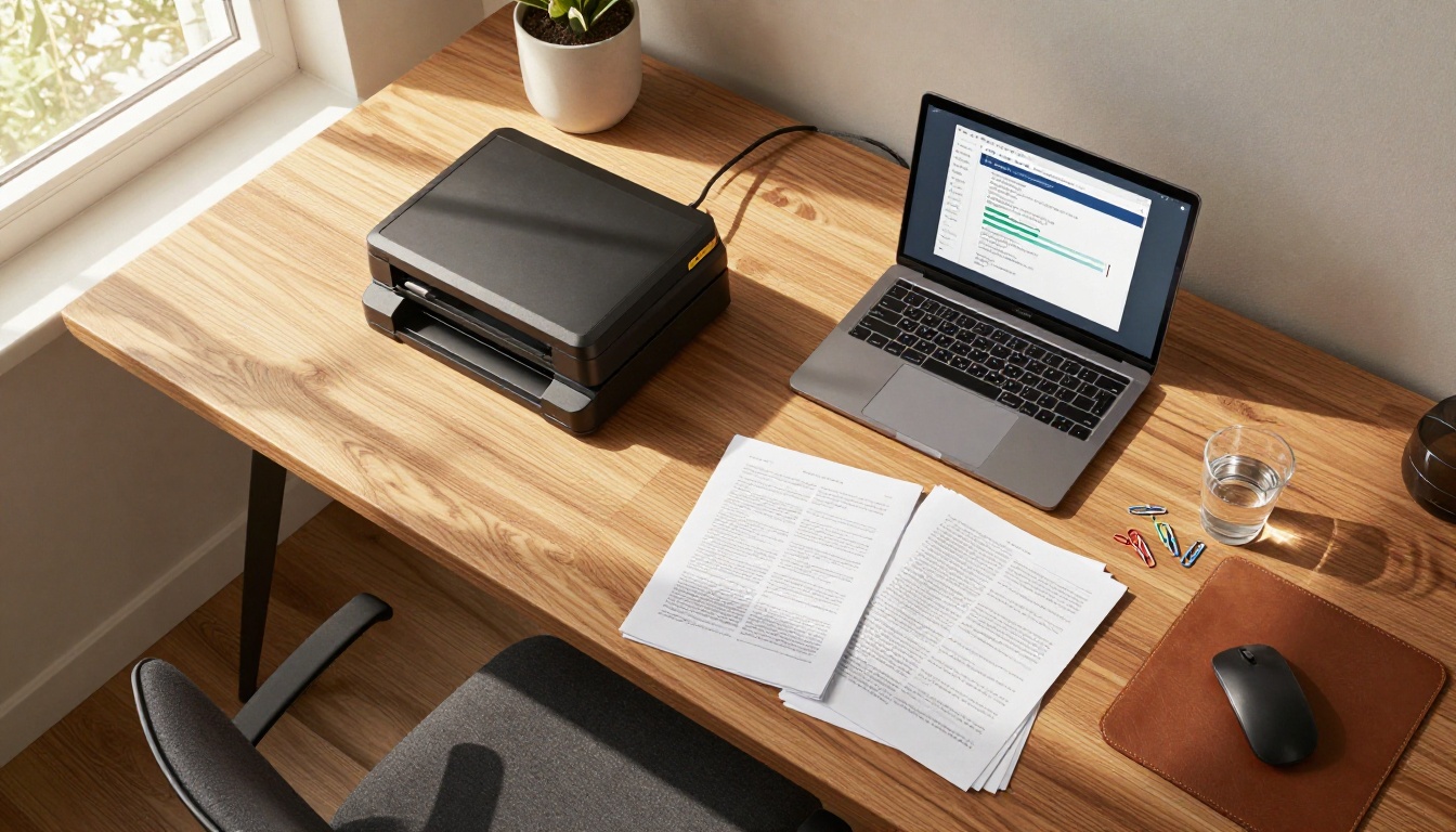 Aerial view of a home office desk with scanner open, document stack, and laptop processing files