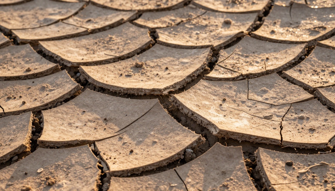 Cracked dry mud terrain showing individual plate curl-up edges, dust particles, and raking afternoon golden light Cracked dry mud terrain showing individual plate curl-up edges, dust particles, and raking afternoon golden light