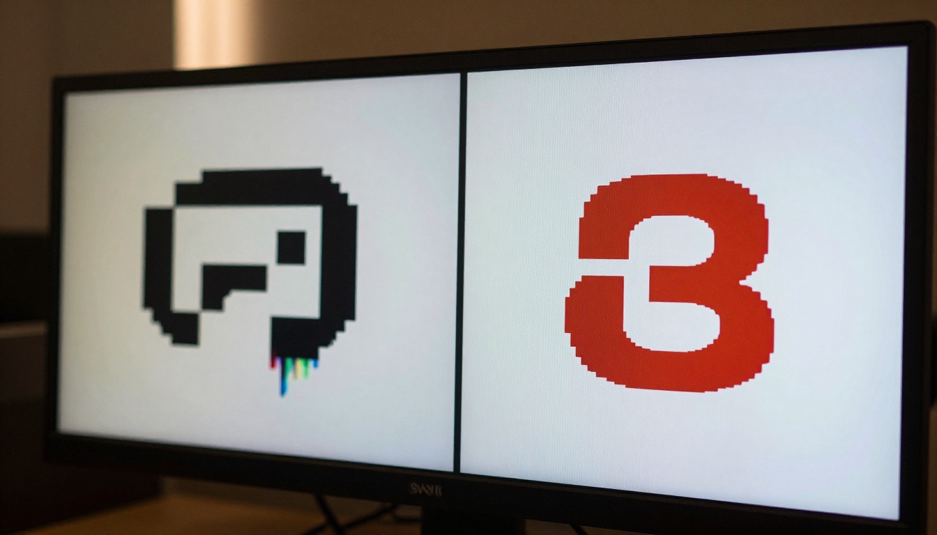 Split-screen monitor showing blurry logo versus AI-sharpened logo