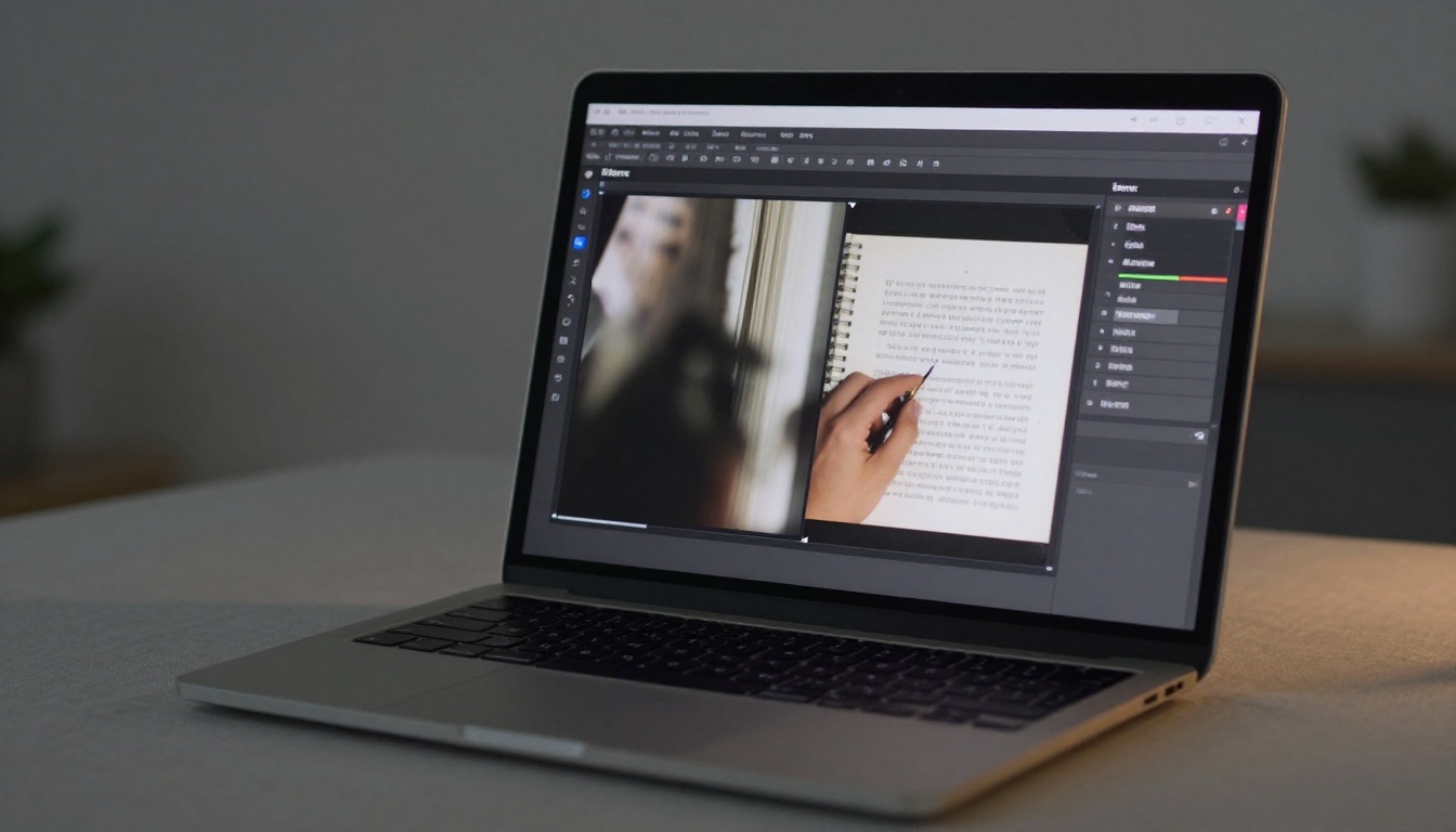 Laptop screen displaying a before-and-after comparison of a scanned document being processed by AI