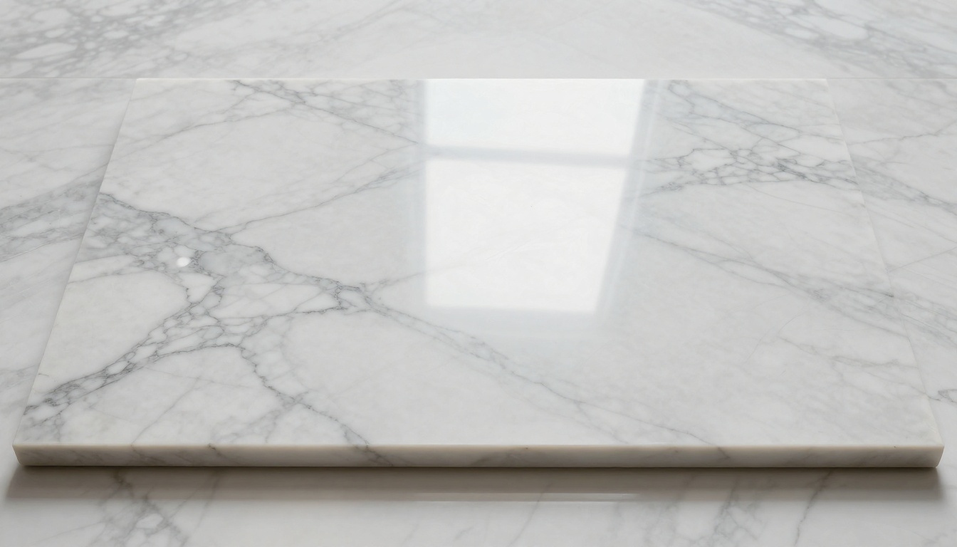 Polished white Carrara marble floor tile with organic gray vein networks and overhead specular highlight detail Polished white Carrara marble floor tile with organic gray vein networks and overhead specular highlight detail