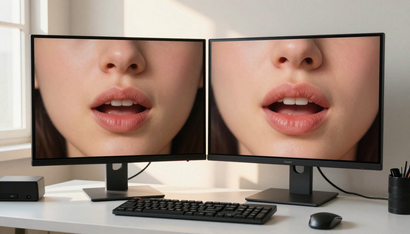 Before and after lipsync correction comparison on monitor