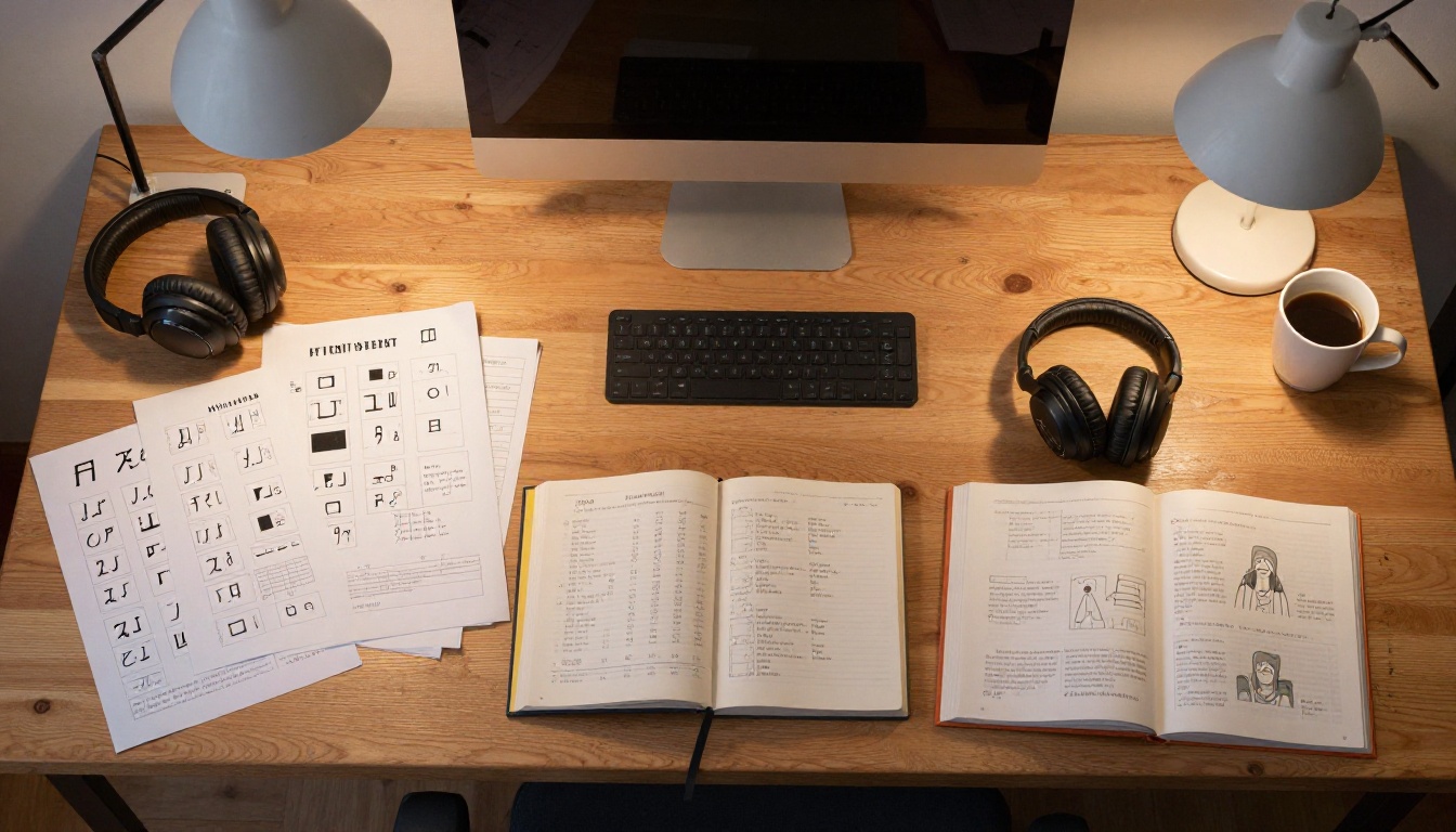 Overhead view of animator's desk with phoneme reference sheets
