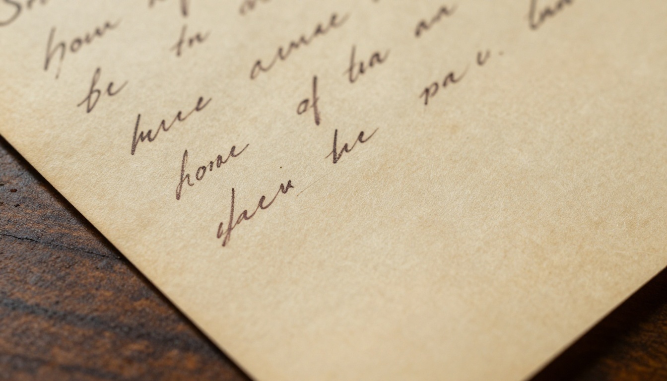 Close-up of an aged handwritten letter on yellowed paper showing faded ink and fine paper fiber texture