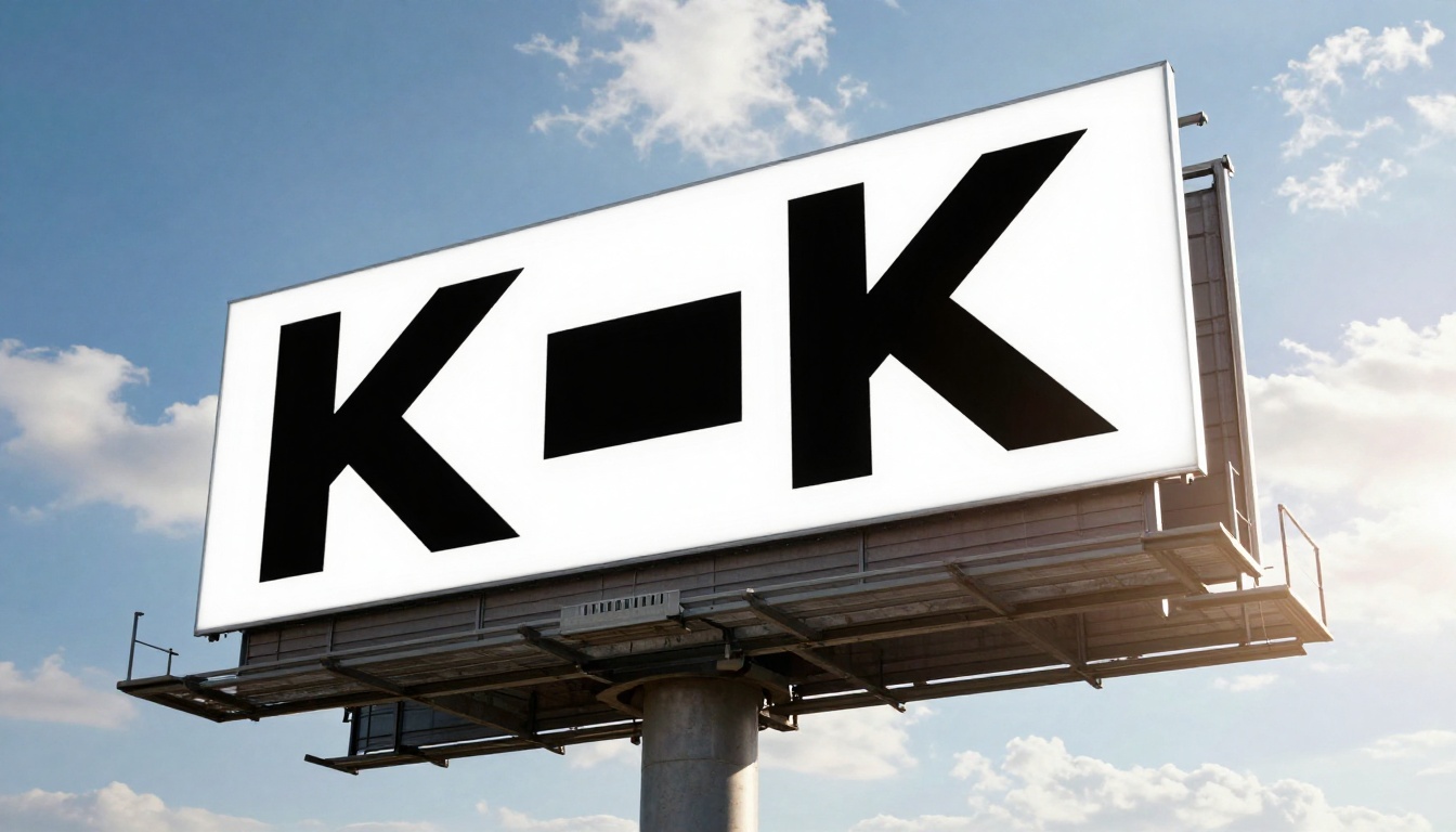 Large outdoor billboard with sharp geometric logo against blue sky