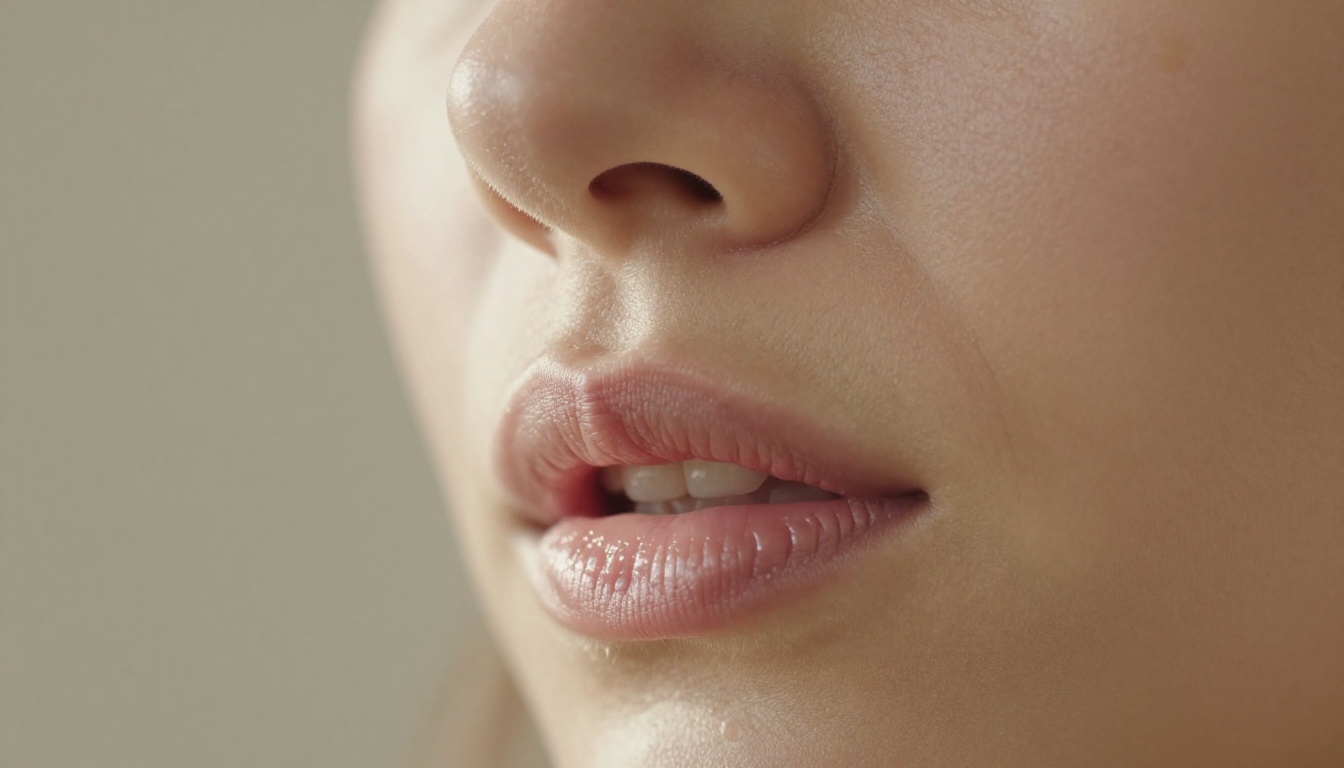 Extreme close-up of a woman's lips mid-speech with natural skin texture and delicate rim lighting from the right