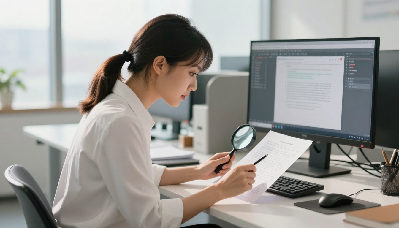 A professional woman at a bright office workstation examining printed documents with a magnifying glass