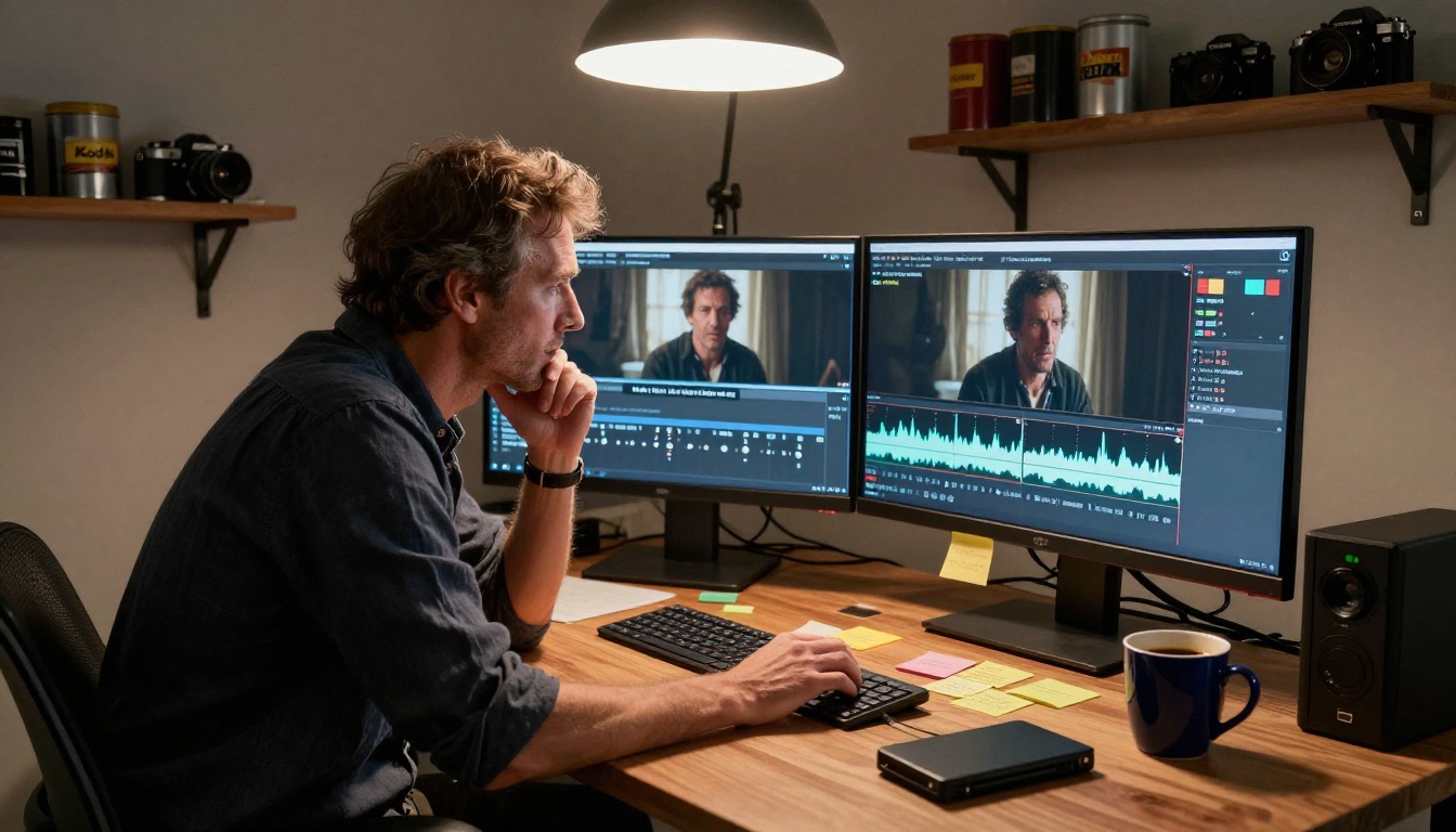 A focused male filmmaker reviewing AI-assisted dubbed footage on a large curved monitor in a dimly lit editing suite