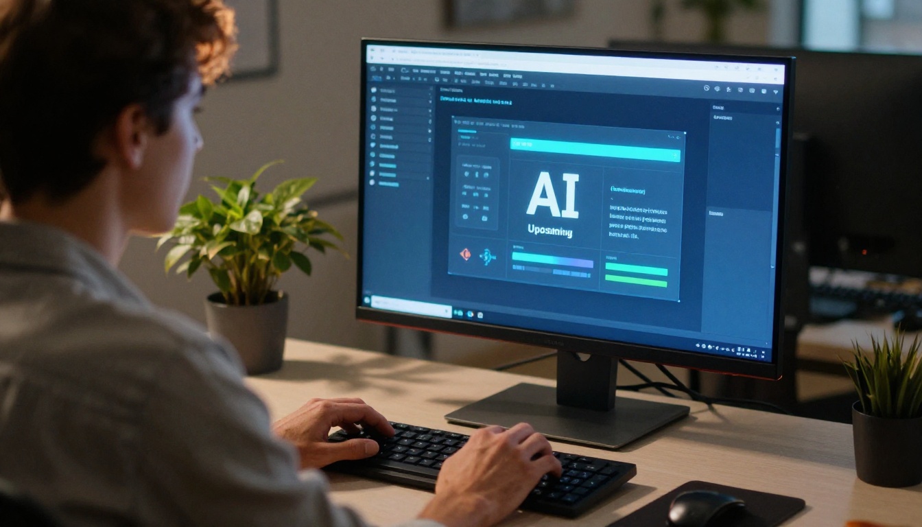 Designer working at AI upscaling interface with logo processing on monitor