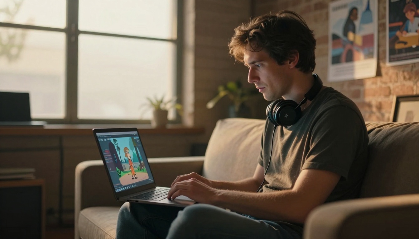 Focused animator watching animated playback on laptop