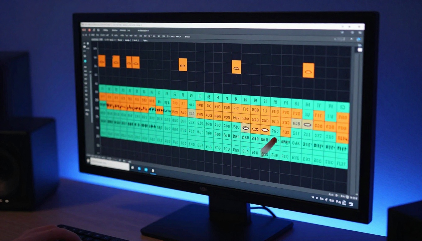 Phoneme timing chart with color-coded blocks on monitor
