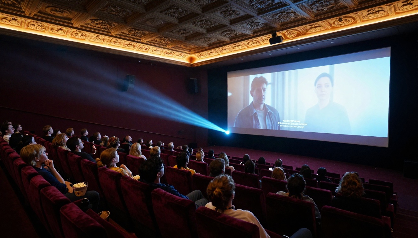 Packed cinema auditorium of a diverse audience watching a dubbed film, faces illuminated by the blue-white glow of the projection screen