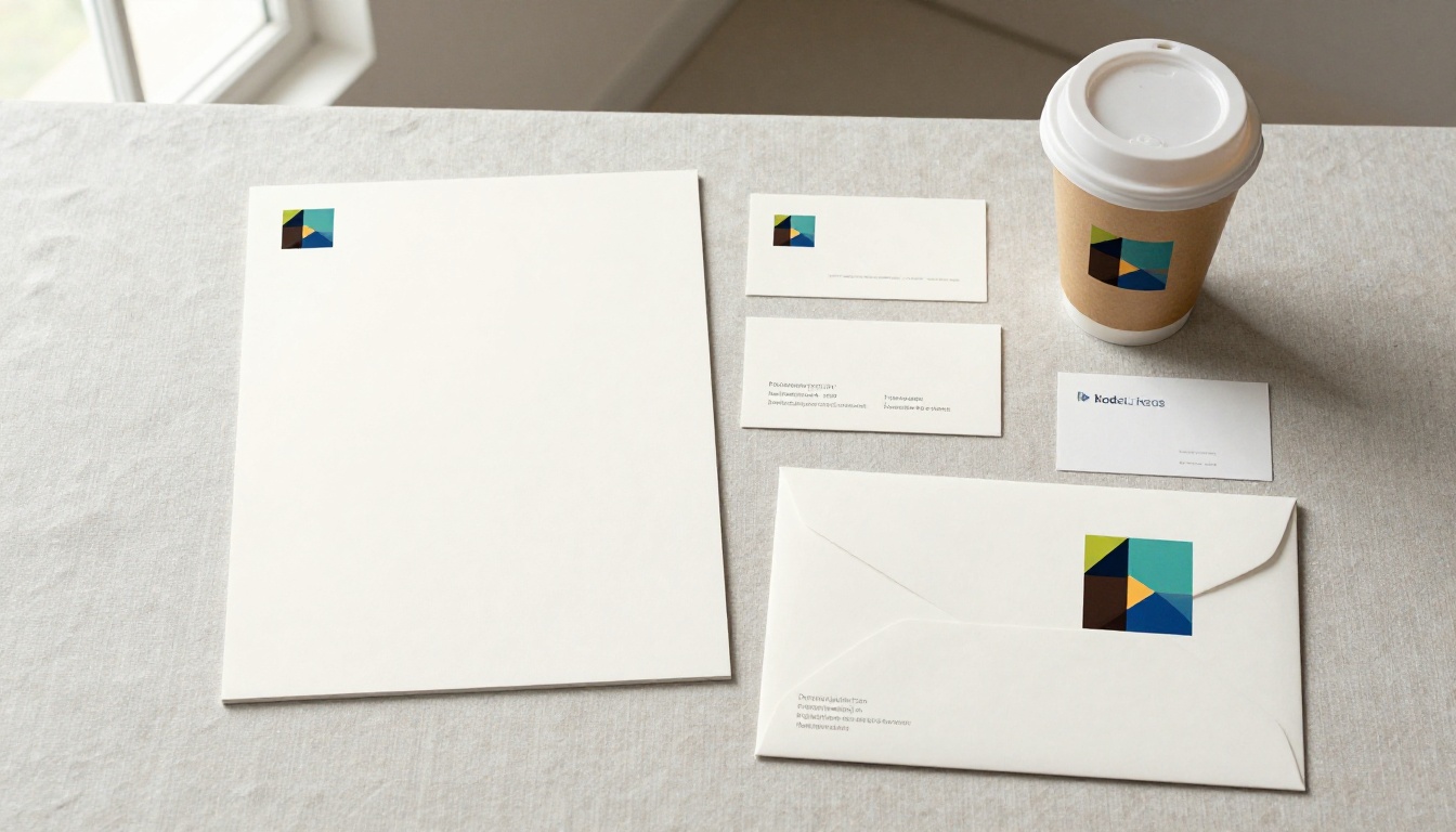 Flat lay overhead of complete branding kit showing sharp logo at multiple scales Flat lay overhead of complete branding kit showing sharp logo at multiple scales