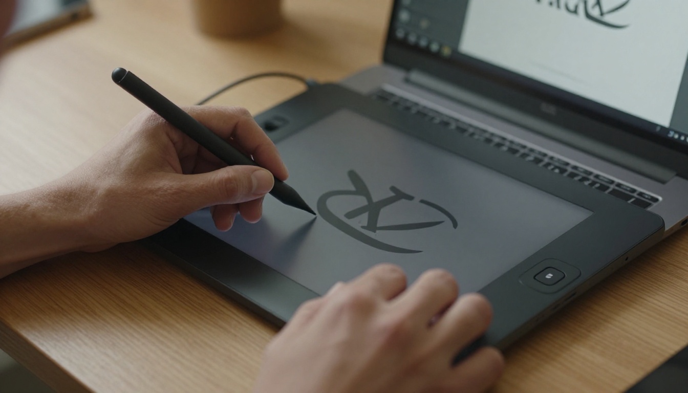 Close-up of designer's hands using stylus on tablet with sharp logo at pixel level Close-up of designer's hands using stylus on tablet with sharp logo at pixel level