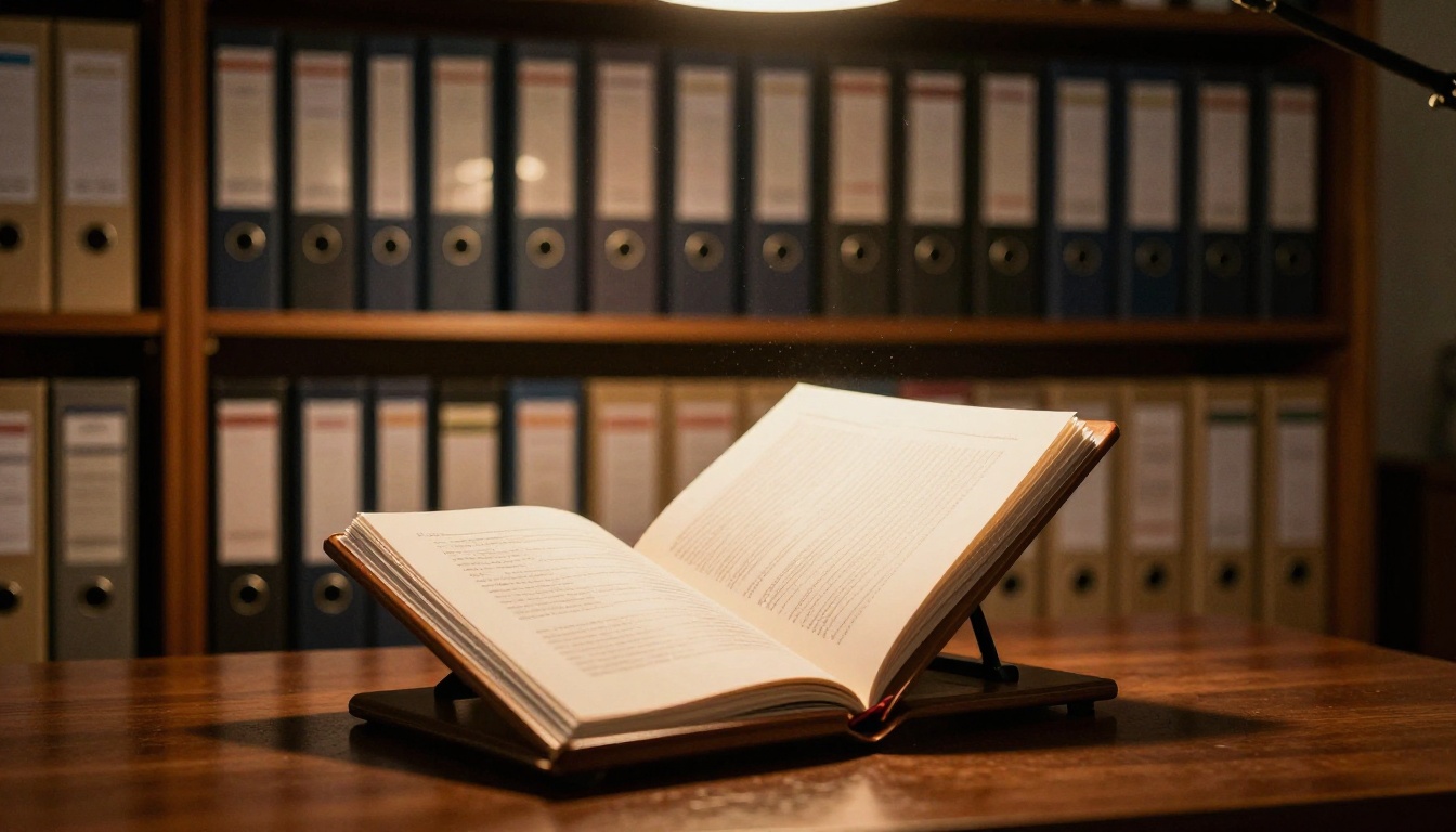 Organized office archive shelf with labeled binders and a clear printed document open on a reading stand