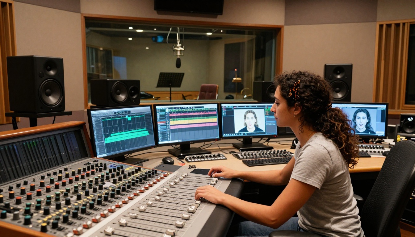 Professional audio engineer at SSL mixing console reviewing multilingual waveform tracks in a high-end recording studio