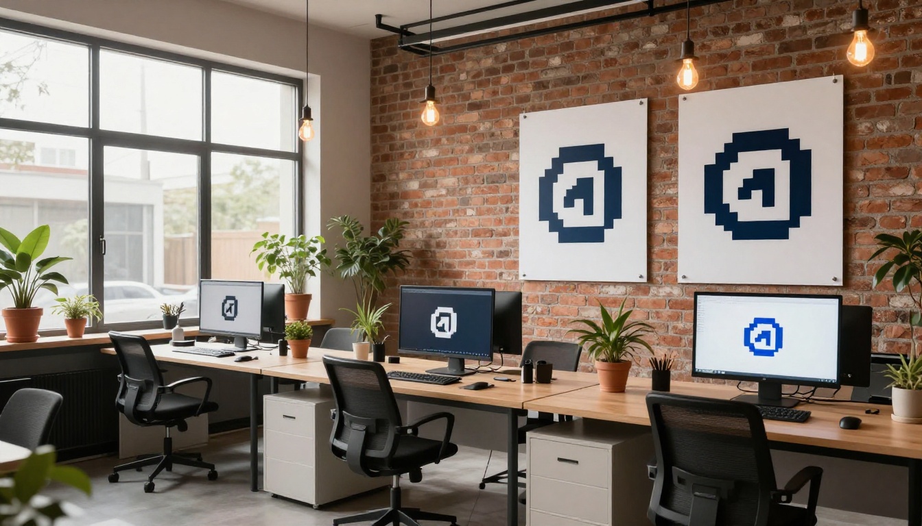 Modern design studio interior with workstations showing logo sharpening work Modern design studio interior with workstations showing logo sharpening work