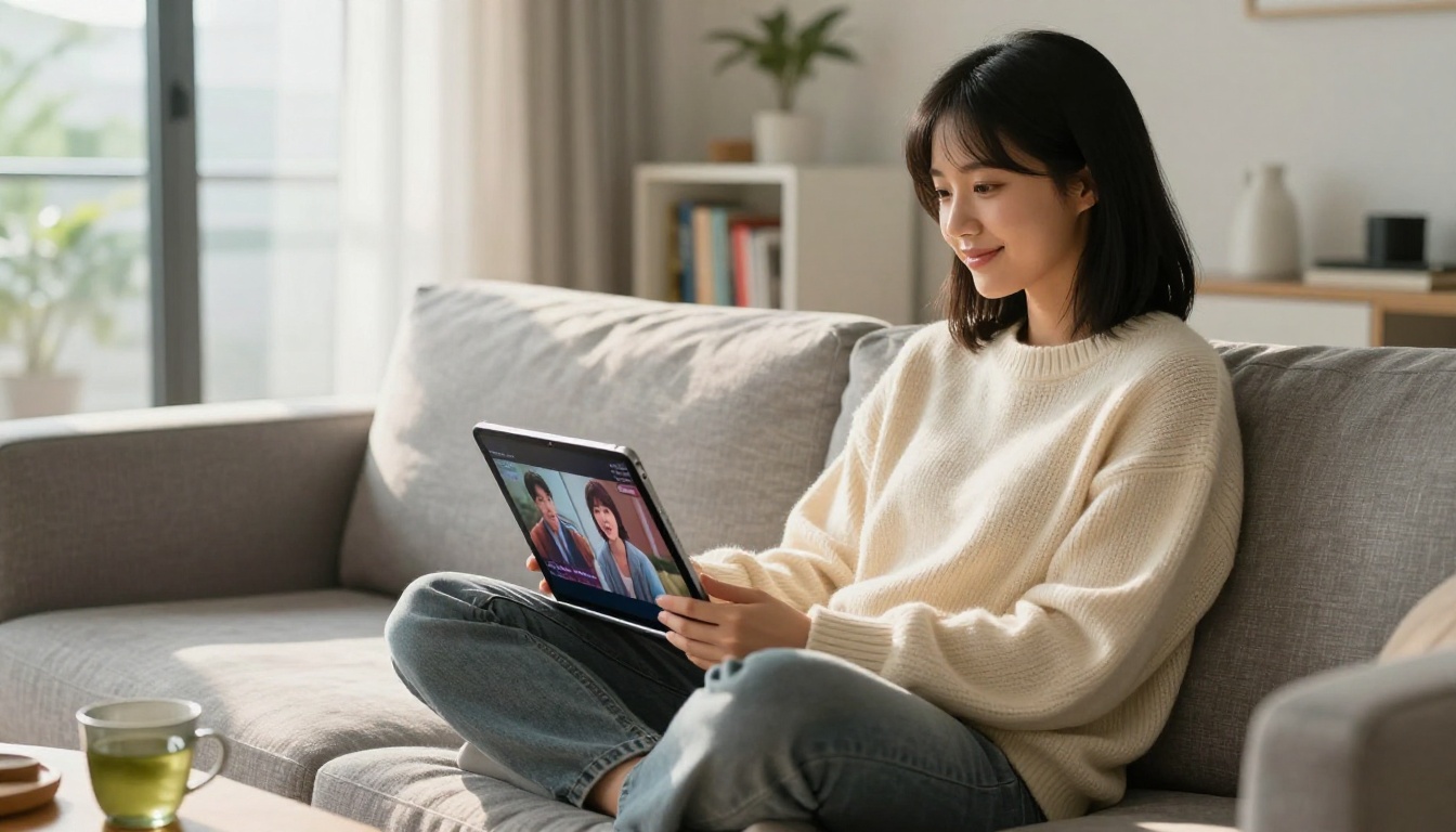 Young woman in cream knit sweater watching dubbed foreign language content on an iPad with a relaxed smile in a sunlit apartment